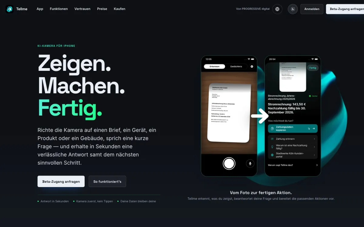 Website von Tellme: Zeigen. Machen. Fertig. Daneben zwei iPhone-Ansichten mit Foto, Frage und vorgeschlagenen Aktionen.
